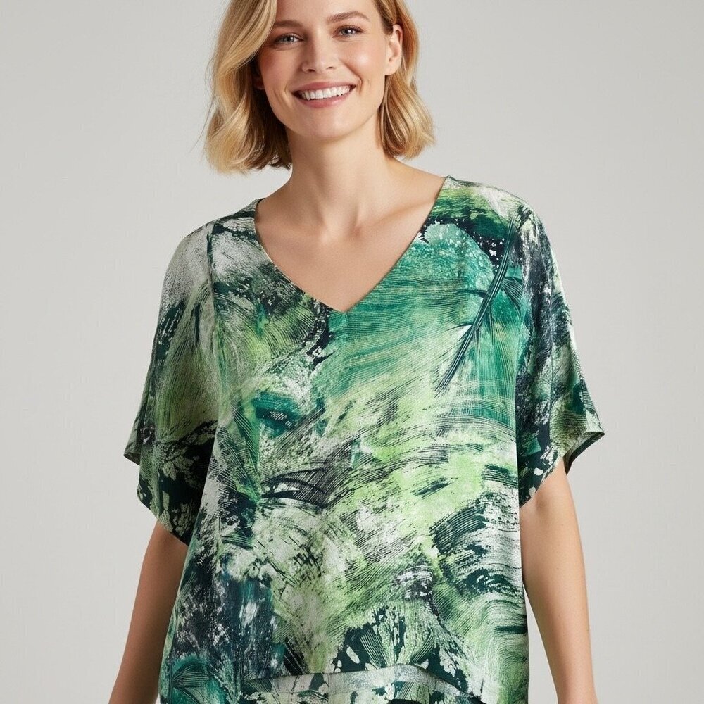 Lafayette 148 New York Green Silk Blouse Abstract Print Size XL